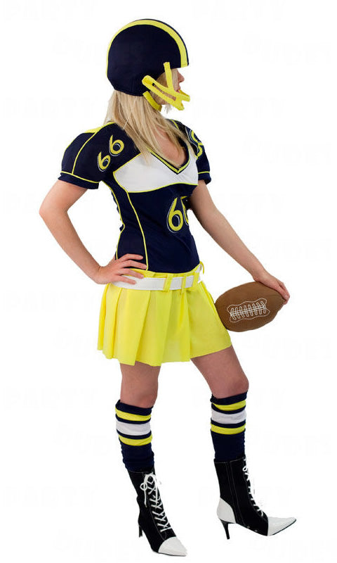 Side of yellow and black, woman's American football costume with helmet, leg warmers and stuffed ball