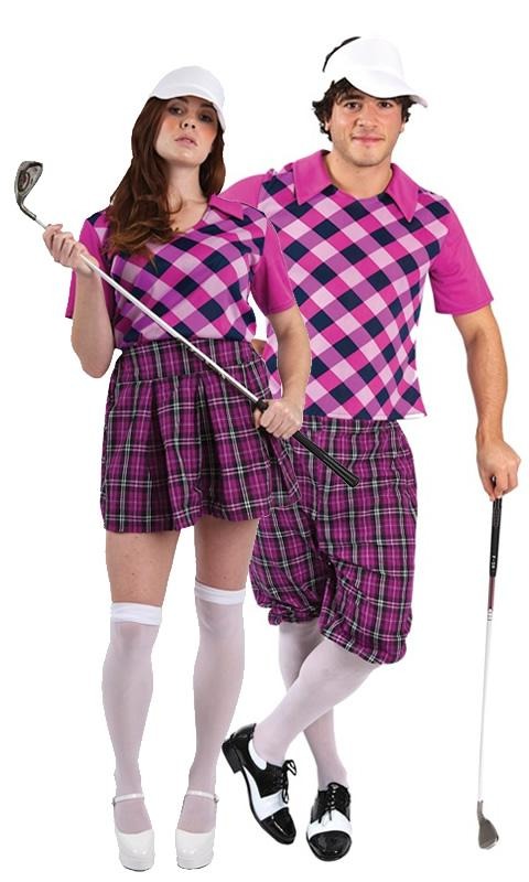 Woman's vintage short pink golf costume, next to matching partner