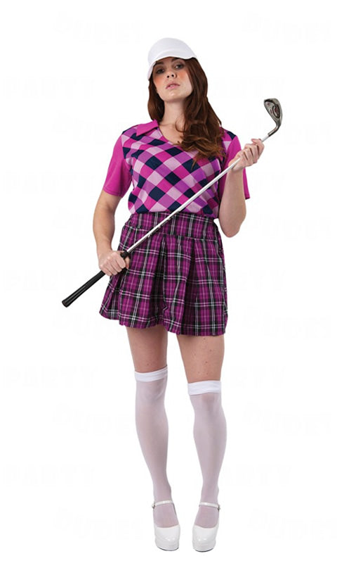 Woman's vintage short pink golf costume with white visor