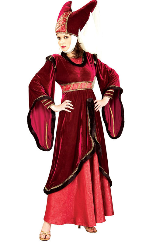 Long red medieval gown with headpiece and veil