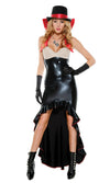 Long black and red vampire dress, hat with red band and gloves