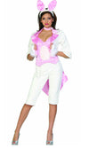 Pink and white woman's bunny costume with ears, jacket, pants and top with furry tummy