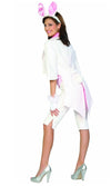 Back of pink and white woman's bunny costume with ears, jacket, pants and top with furry tummy