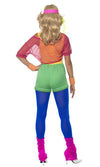 Back of let's get physical costume with green short , blue leggings and pink mesh top