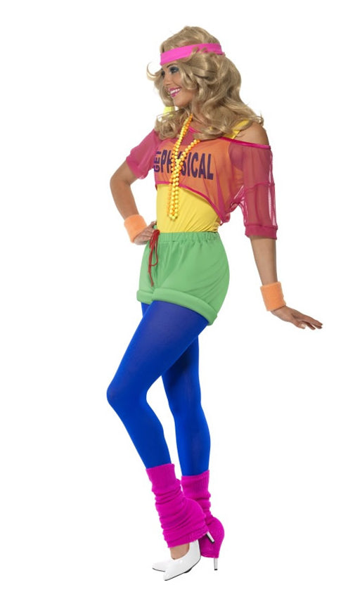 Side of let's get physical costume with green short , blue leggings and pink mesh top