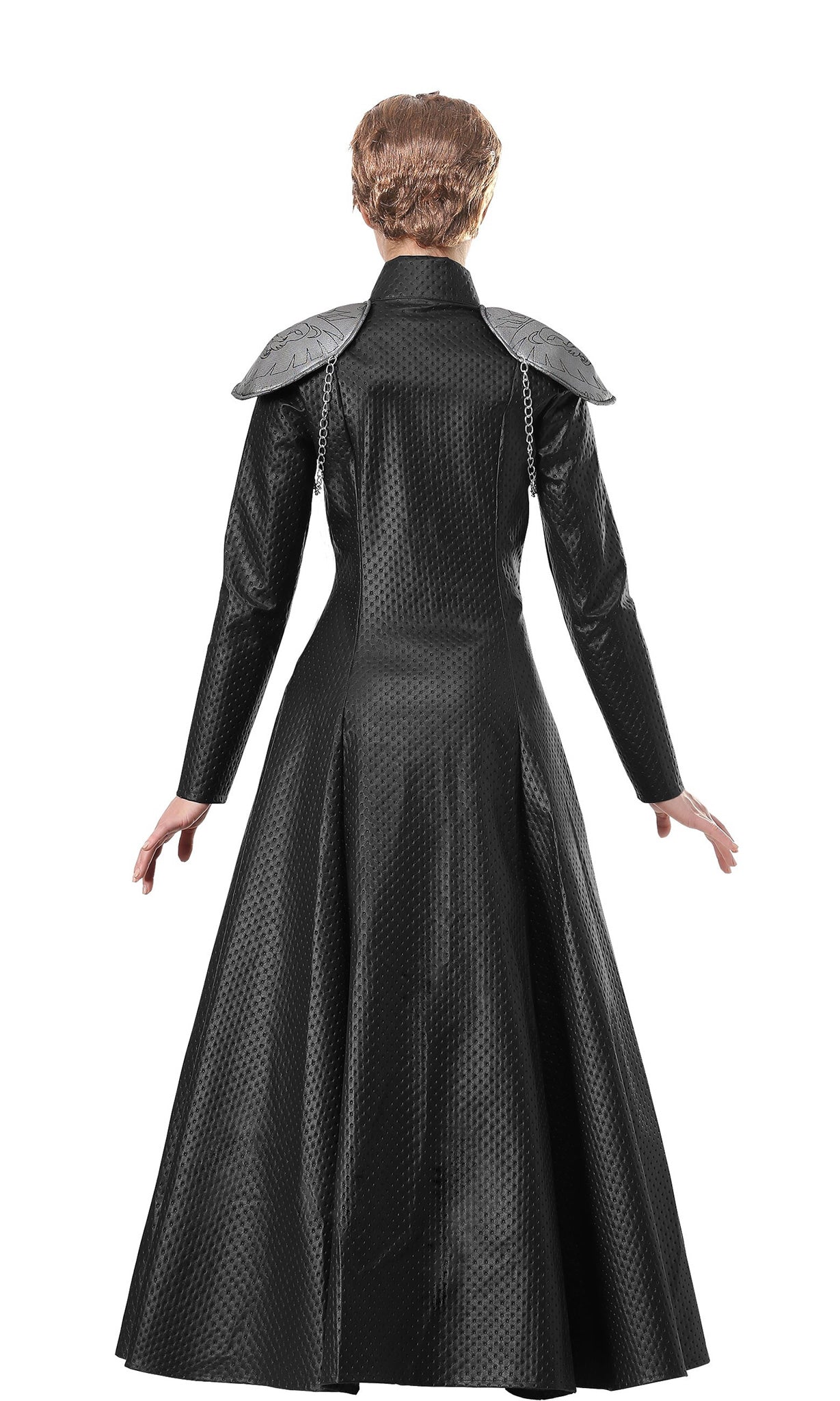 Back of long black armor dress in black with attached petticoat and chain