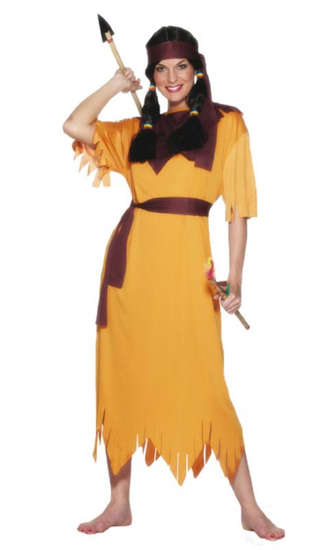 A woman modeling a yellow tunic dress with brown accents and a headband, designed to resemble a Native American or Wild West character.