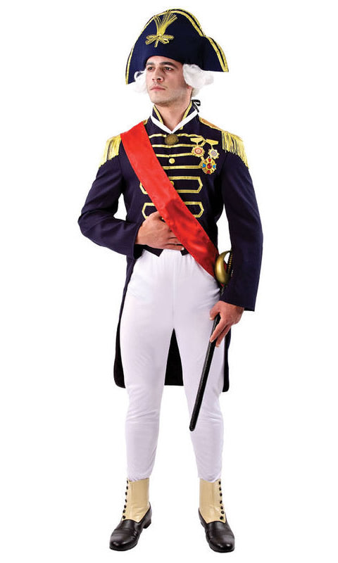 Lord Nelson costume with blue jacket, matching hat, sash, pants and medals