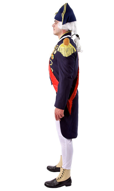 Side of Lord Nelson costume with blue jacket, matching hat, sash and pants