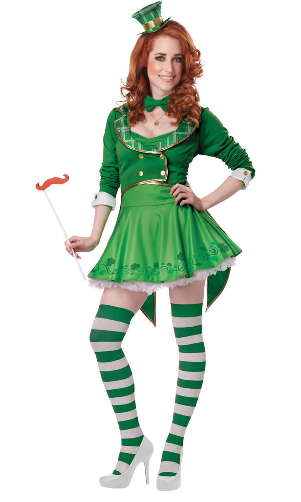 Green Saint Patrick's skirt with hat, jacket, stockings and moustache stick
