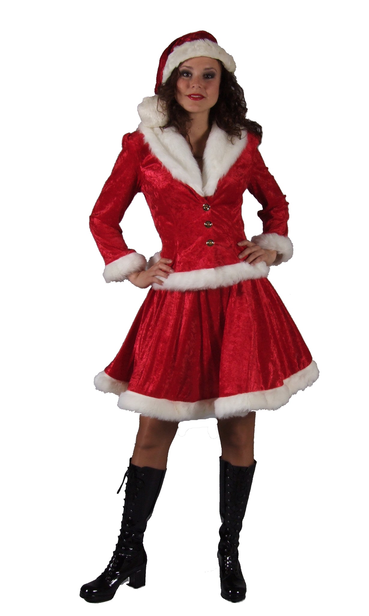 A model wearing a red Santa Claus costume with a white fur lining the hood, a red skirt, and a white petticoat.
