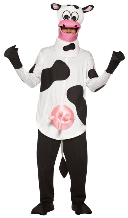 White and black novelty cow costume with udders