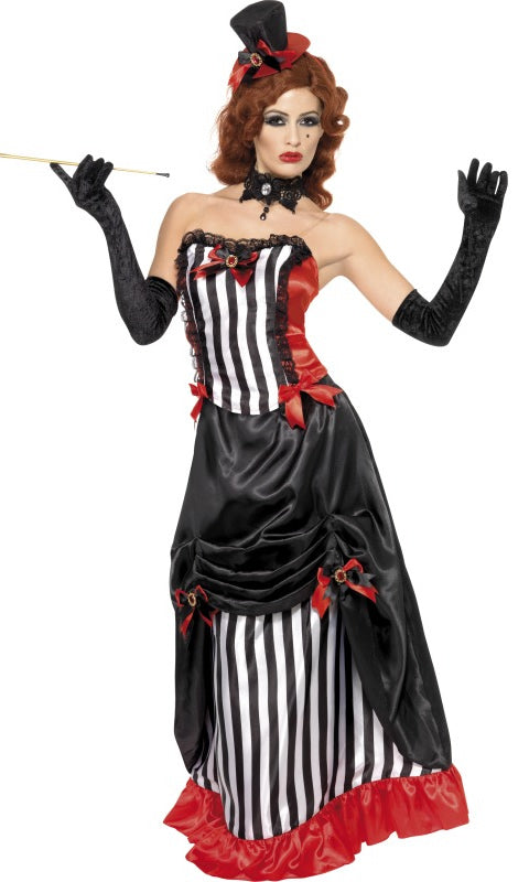 Long black and white striped burlesque costume dress with top, skirt and hat with red trims