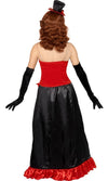 Back of long burlesque costume dress with top, skirt and hat with red trims