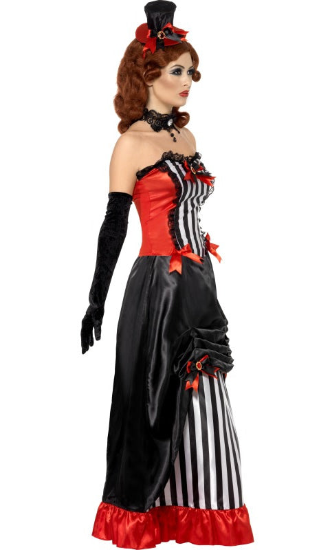 Side of black and white striped burlesque costume dress with top, skirt and hat with red trims