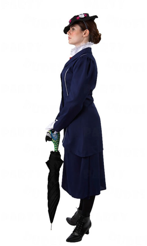 Side of Mary Poppins costume with hat and parrot umbrella cover
