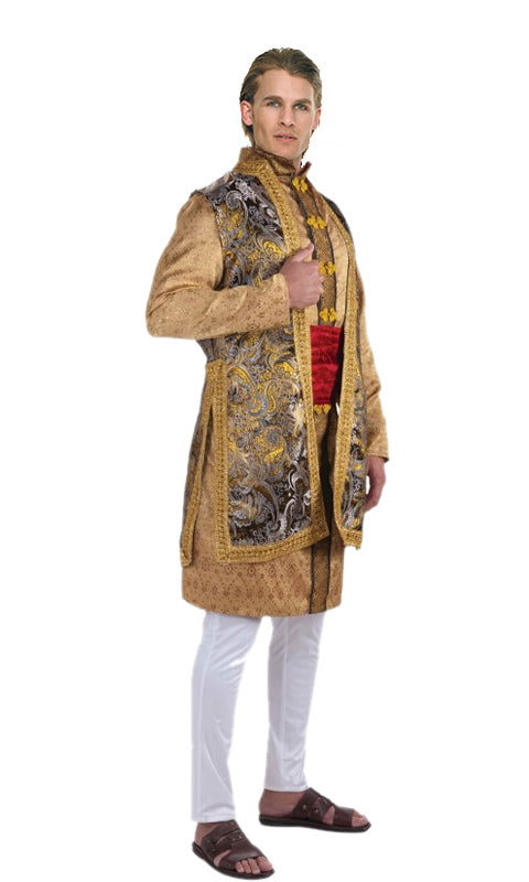 Maharaja tunic and vest with white pants and red sash