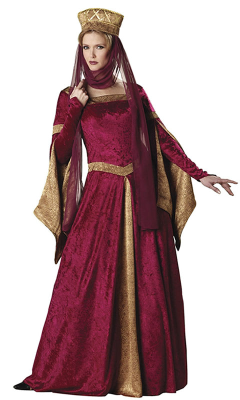 Long maroon medieval dress with gold trim and headpiece