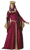 Long maroon medieval dress with gold trim and headpiece