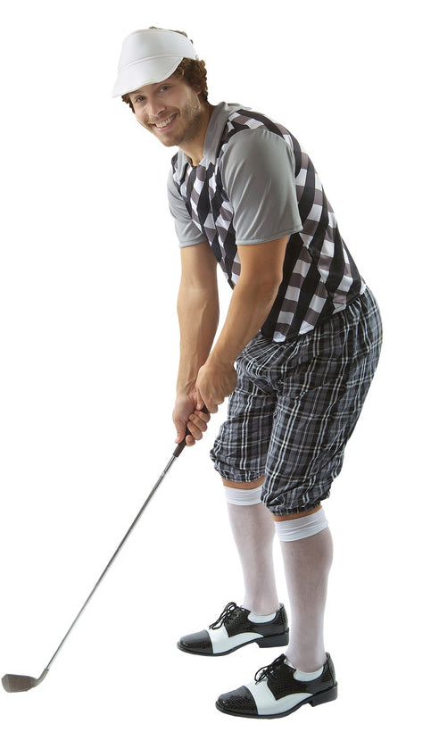 Men's grey golf costume shorts and top with white visor