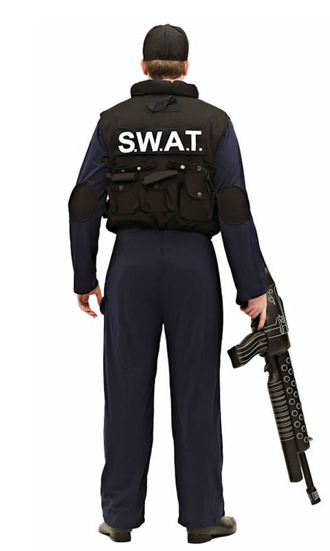 Back of SWAT costume with S.W.A.T. text on back, with hat