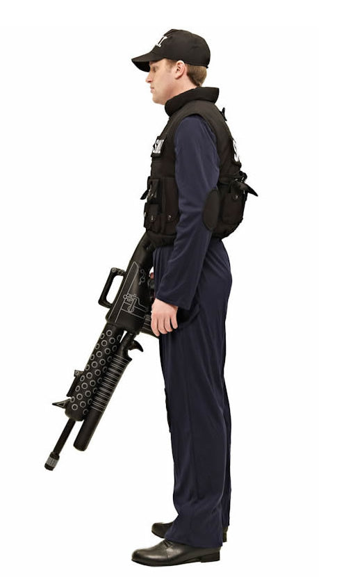 Side of SWAT costume with S.W.A.T. text, with hat