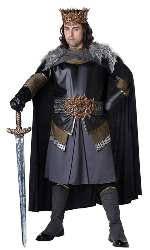 A man wearing a plus-size medieval king costume with a layered tunic, attached cowl, cape, belt, gloves, and boot covers. He is also wearing a crown.