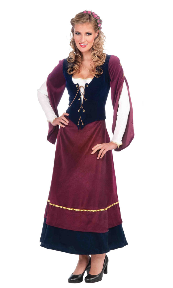 Long maroon medieval dress with corset top and attached white shirt