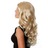 Back of long blonde wavy woman's wig