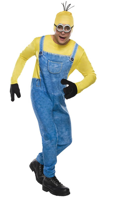 A person wearing a Minion Kevin costume from Despicable Me, including a yellow jumpsuit with blue overalls, goggles, and gloves.
