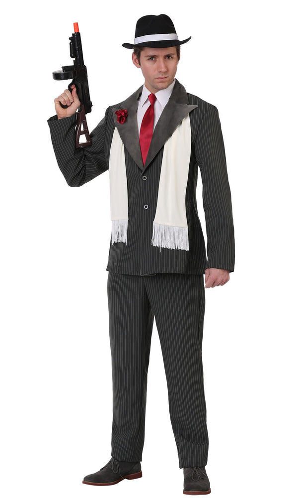 Gangster costume with white scarf, red tie and hat