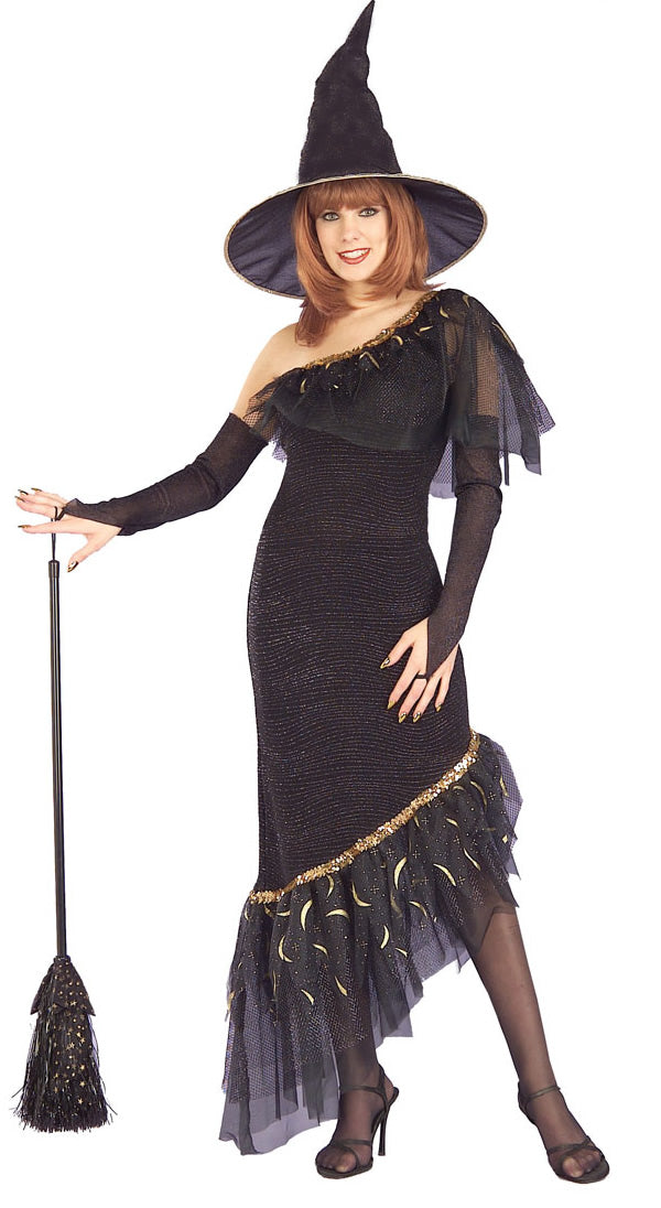 Off shoulder witch costume in black with hat and gloves