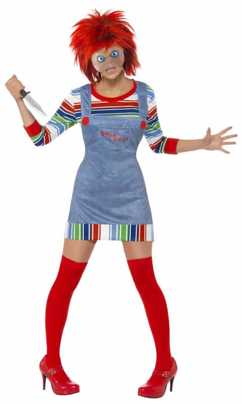 Childs Play Chucky costume dungarees, top, red wig and 3/4 face mask