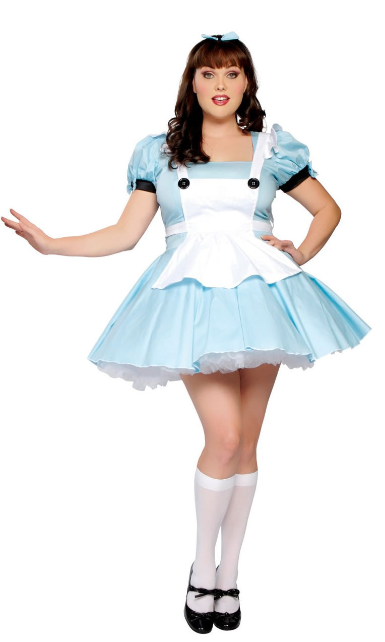 Short plus size blue Alice costume with petticoat and apron