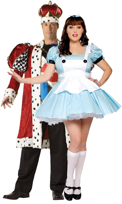 Short plus size blue Alice costume with petticoat next to King of Hearts