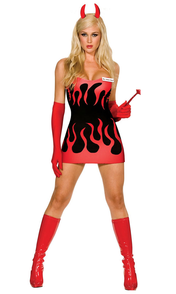 Woman's short devil costume with flame pattern, horns, tail and red gloves