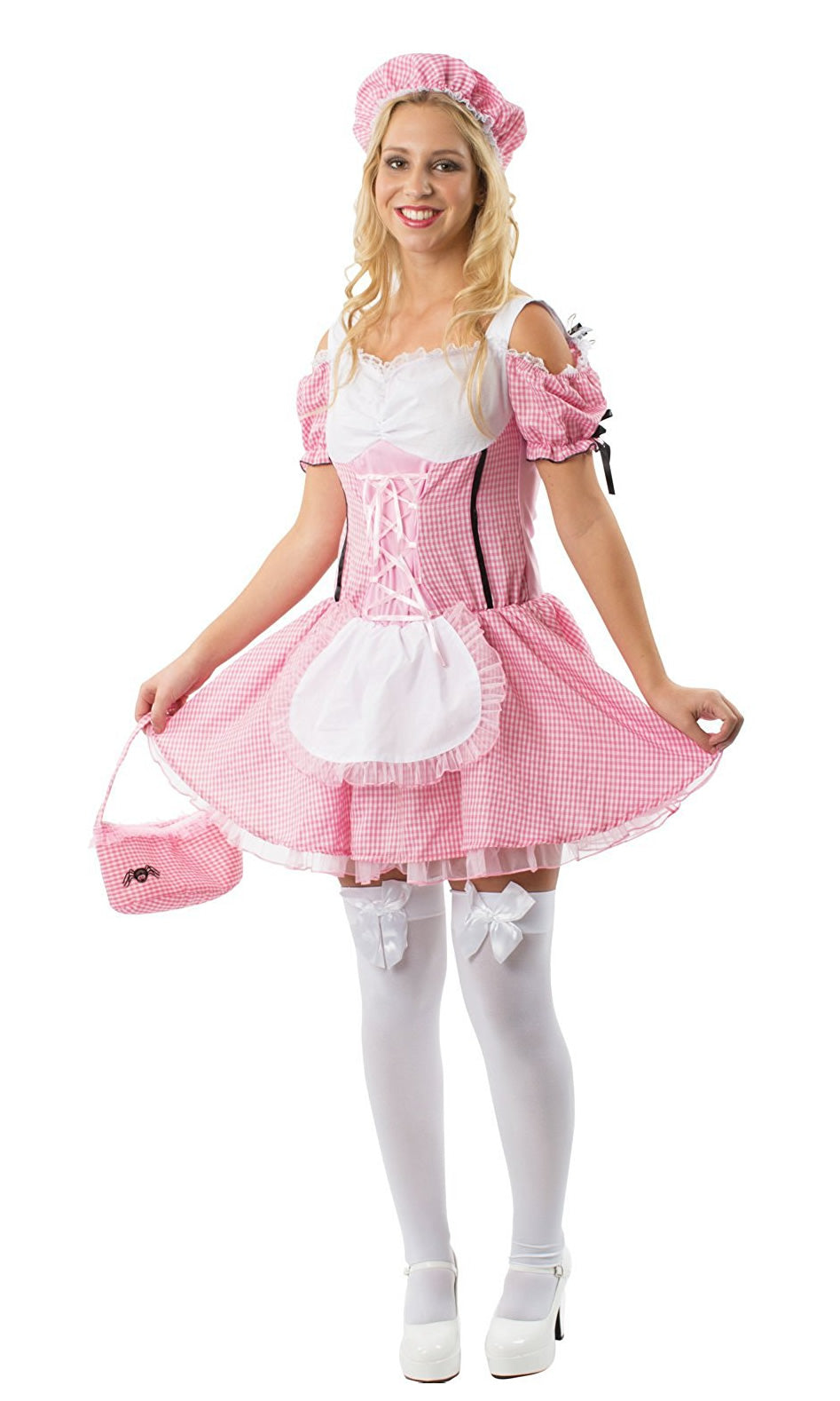 Short pink Miss Muffet costume with hat and matching bag