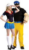 Men's black and yellow Brutus muscle costume with woman's Popeye costume