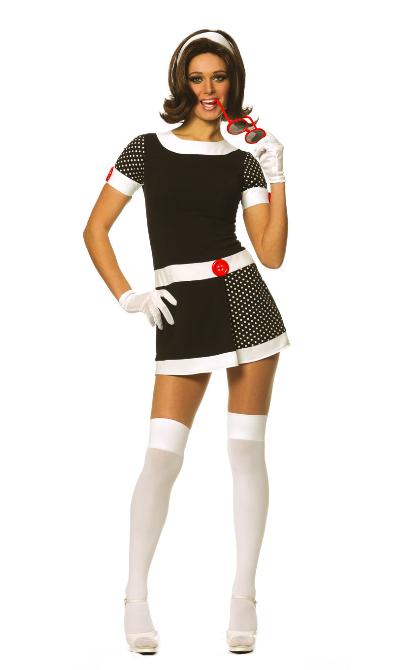 Short black and white 60s dress with red buttons details, white headband and red glasses
