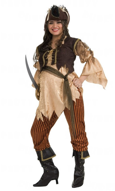 Pregnant pirate costume with brown hat and striped pants
