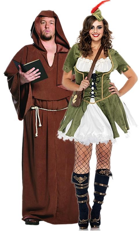 Plus size brown monks robe with rope belt, next to female Robin Hood