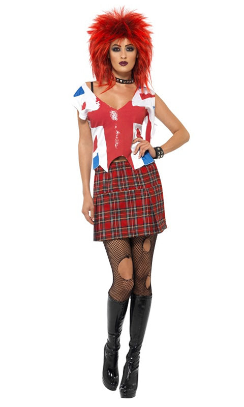 Woman's punk costume skirt with British flag top, red wig, choker and bracelet