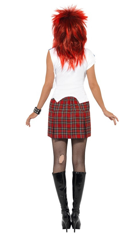 Back of woman's punk costume skirt with British flag top, red wig, choker and bracelet