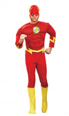 A man wearing a Flash superhero costume, with a red muscle chest jumpsuit, attached boot covers, headpiece, and belt.