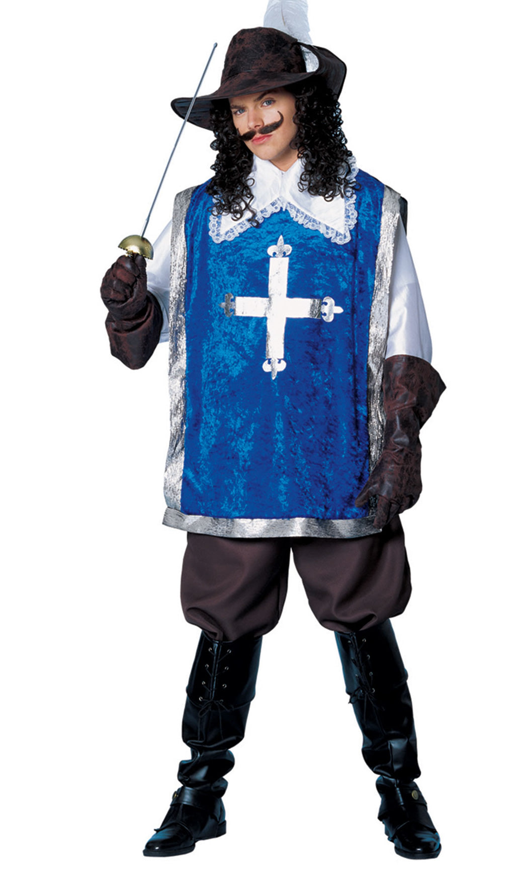 Blue and silver Musketeer costume shirt and tunic with cropped pants and hat with gloves