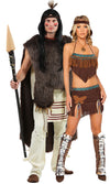 Native American Indian chief costume with shirt, pants, headband and bear claw cape. Standing next to partner