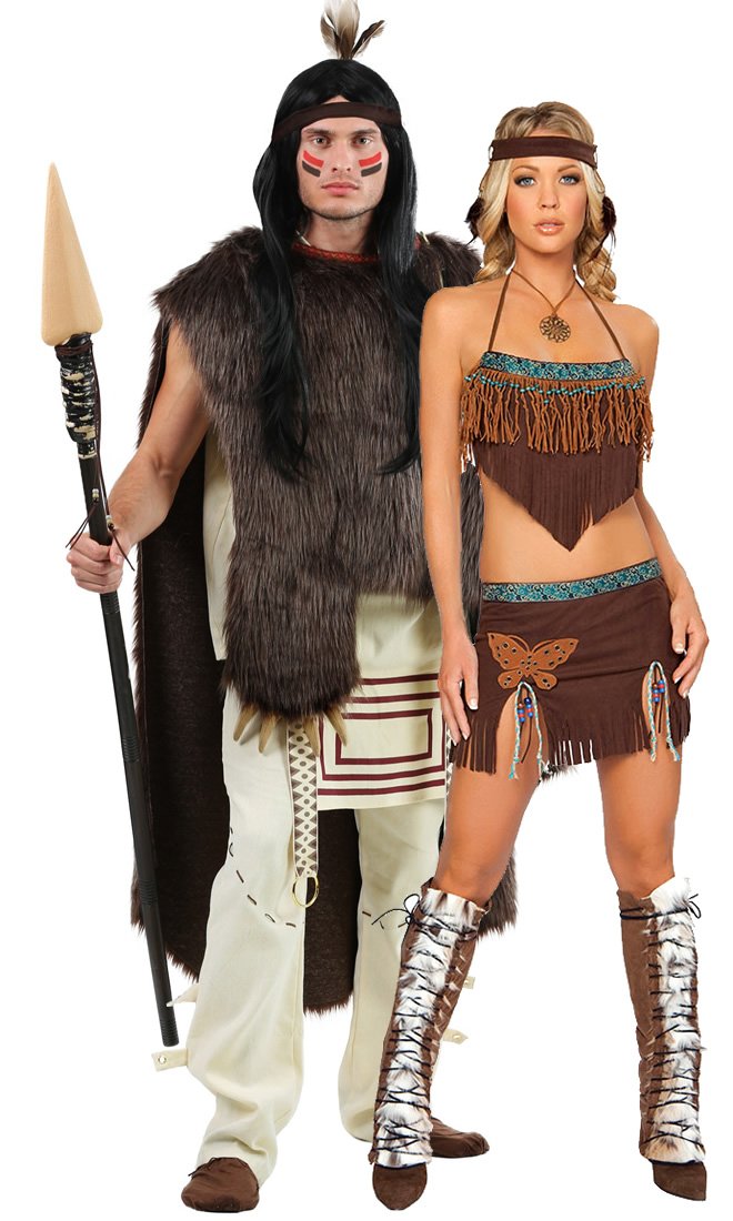 Short brown Native American Indian top and skirt  with leg warmers, necklace and headband with feathers. Standing next to male partner