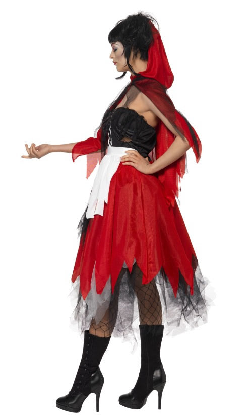 Side of red strapless Red Riding Hood dress with petticoat, apron and cape