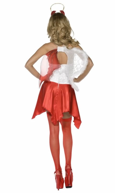 Side of devil and angel short red and white dress with wings and headpiece