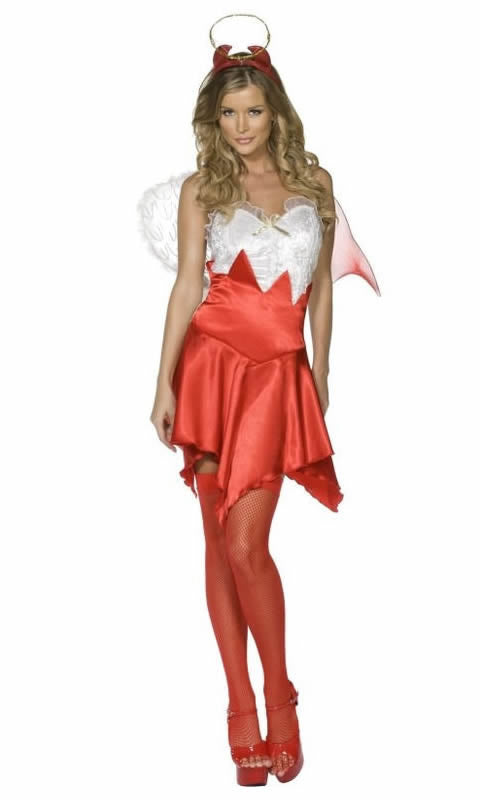 Devil and angel short red and white dress with wings and headpiece